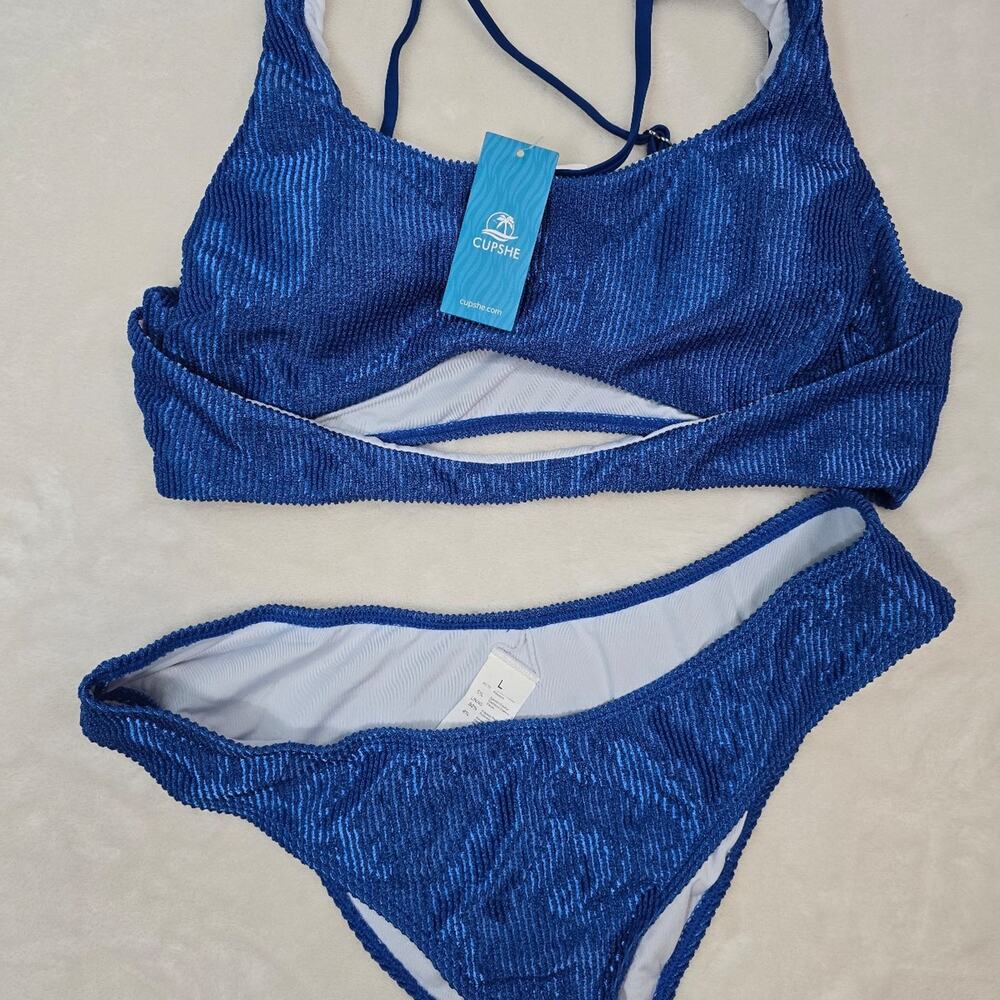 Cupshe Blue Ribbed Cutout Bikini Set sz Large NWT